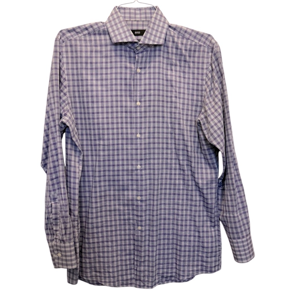 BOSS HUGO BOSS SHARP FIT PURPLE & BLUE CHECKED LS BUTTON DOWN SHIRT. SIZE 15.5.